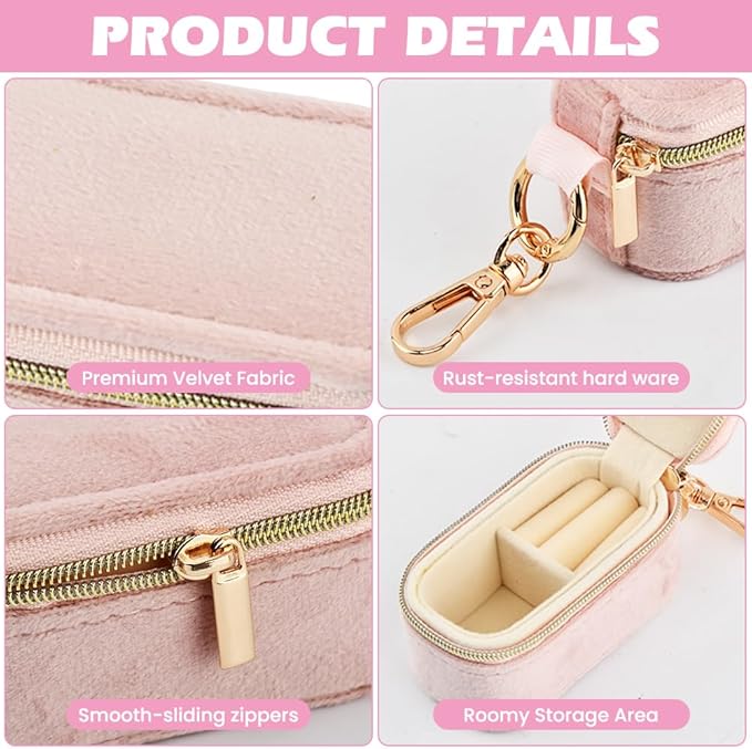 Velvet Mini Travel Jewelry Case, 2 in 1 Ring Holder Keychain + 50 Plastic Earrings, Portable Small Jewelry Organizer for Women, Travel/Gym/Wedding/Bridesmaid Gift