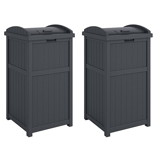 Suncast 2 Pack Trash Hideaway Refuse Container, Stylish Resin Outdoor Garbage Bin with Latching Lid, 30 to 33 Gallon Capacity, Cyberspace