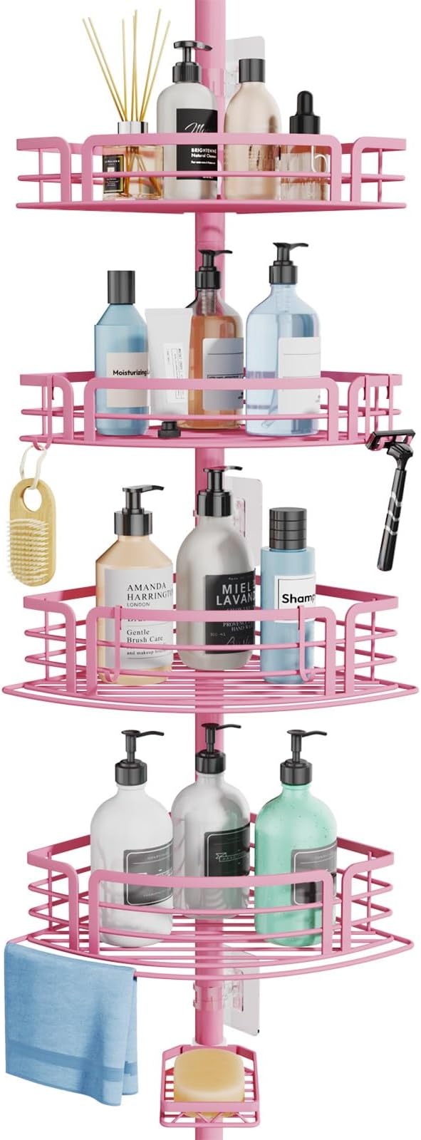 Consumest Corner Shower Caddy Tension Pole - Rustproof Shower Shelves with Towel Bar & Soap Holder, Adjustable Bath Organizer for Bathroom Storage, 27.6-108.3 inch, Pink