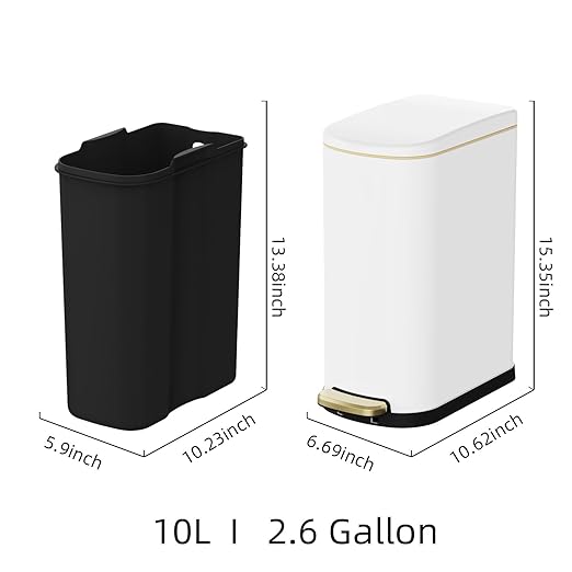 KSSKSS 2.6 Gallon Slim Bathroom Trash Can with Soft Close Lid, 10L Stainless Steel Garbage Can with Removable Liner Bucket, for Narrow Spaces, Bathroom, Bedroom (White)