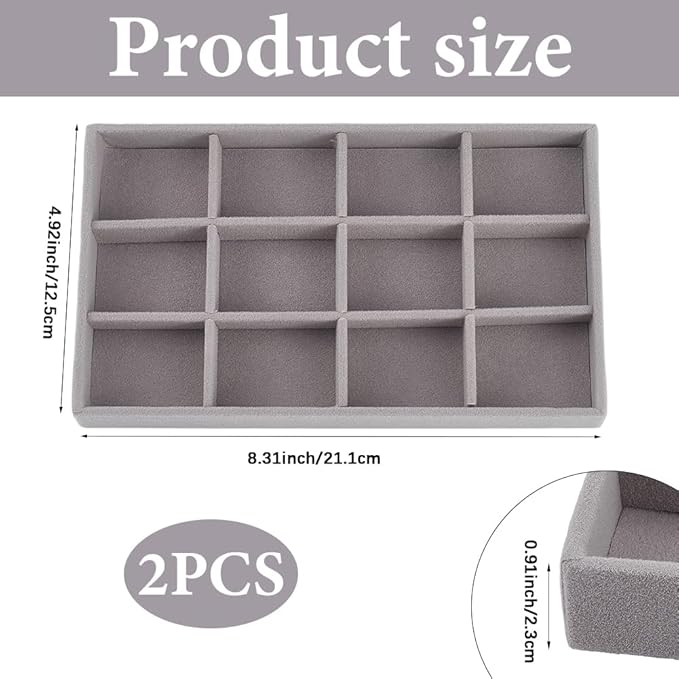 2Pcs 5 x 8.3 Inch Velvet Jewelry Trays Stackable Jewelry Organizer Removable Divider 12 Grids Divided Gray Necklace Storage Container Box Dresser Drawer Case for Earring Ring Display Showcase
