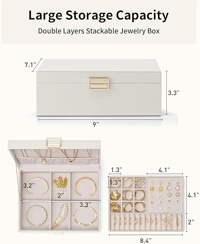 VLANDO Jewelry Box for Women, Gift for Women Girls,2 Layer Jewelry Box,Large Jewelry Organizer for Women Removable Jewelery Tray for Necklace Earrings Rings (Cloud White)
