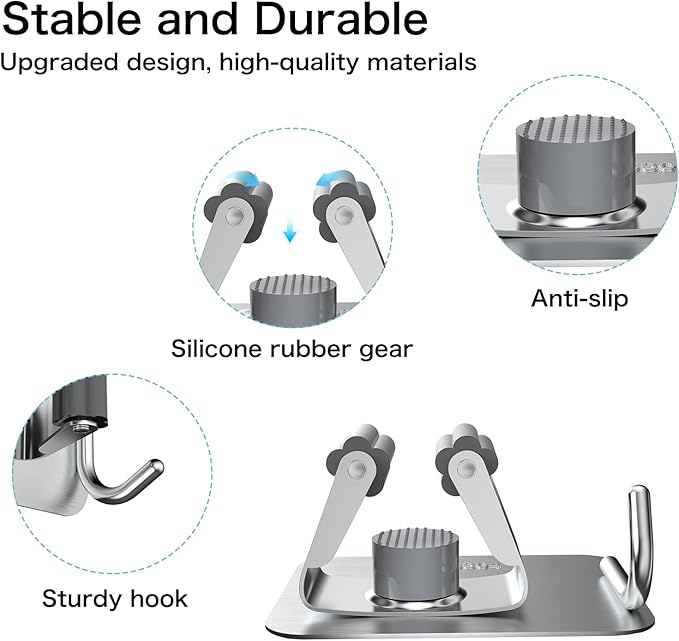 nacena 4 Pack No Drill Self Adhesive Broom Mop Holder Wall Mount with Hooks, Heavy Duty Stainless Steel Organizer for Kitchen Bathroom Garage Storage,Silver