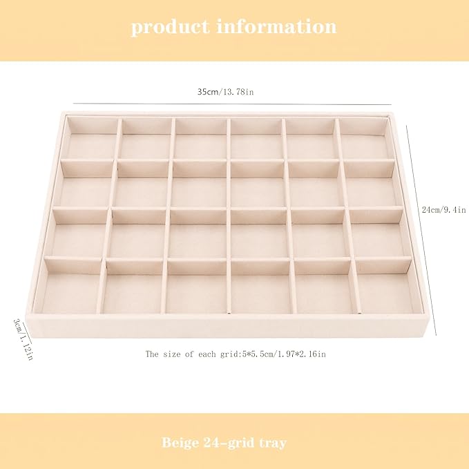 Large Velvet Jewelry Tray, Drawer Organizer for Jewelry in Dresser, Stackable Jewelry Drawer Organizer Inserts for Earring Necklace Bracelet Rings(Beige,24grid)