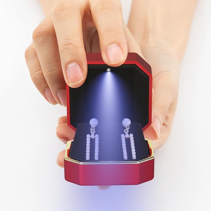Luxury LED Jewelry Earring Pendant Stud Box, Velvet Earring Necklace Gift Box Storage Case Organizer Holder for Proposal Engagement Wedding Anniversary Birthday Ceremony (Red)