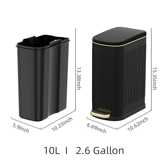 KSSKSS 2.6 Gallon Slim Bathroom Trash Can with Soft Close Lid, 10L Stainless Steel Garbage Can with Removable Liner Bucket, for Narrow Spaces, Bathroom, Bedroom (Matt Black)
