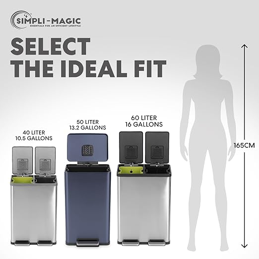 SIMPLI-Magic 50L / 13.2 Gallon Kitchen Trash Can - Soft-Close Lid, Hands-Free Step Pedal, Stainless Steel Garbage Can with Odor Filter, Smudge-Resistant Finish