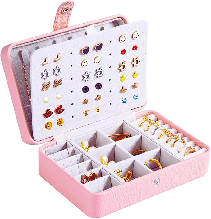 QBestry All-in-One Travel Jewelry Organizer for Women Pink | Small Jewelry Box with 68 Earring Holes | Compact Portable Jewelry Case for Earrings, Rings, Necklaces | Perfect Gifts for Mom Wife Girls