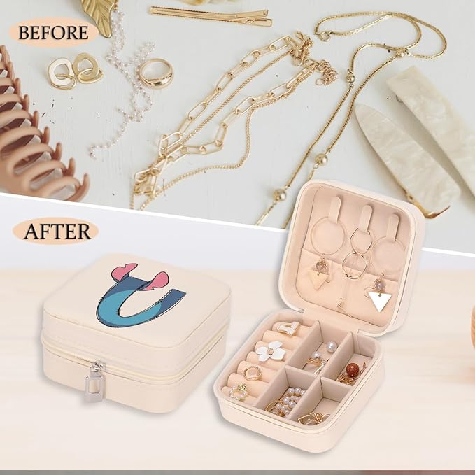 LONGXIN Cute Cartoon Gifts, Initial Travel Jewelry Case Small Jewelry Box Organizer, Personalized Gifts for Women Teen Girls, Birthday Christmas Gifts for Cartoon Lovers, Letter U