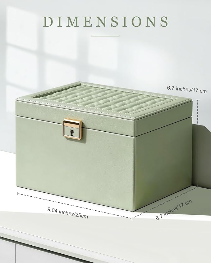 DesignSter Jewelry Box for Women Girl, 3-layer Lockable Jewelry Organizer with Mirror, Large Leather Jewelry Case for Earring Necklace Ring Bracelet Watch