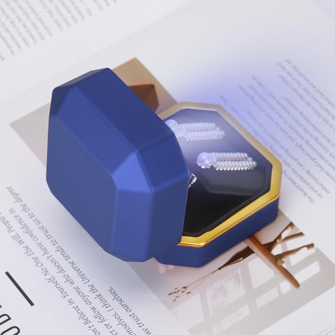 Luxury LED Jewelry Earring Pendant Stud Box, Velvet Earring Necklace Gift Box Storage Case Organizer Holder for Proposal Engagement Wedding Anniversary Birthday Ceremony (Blue)