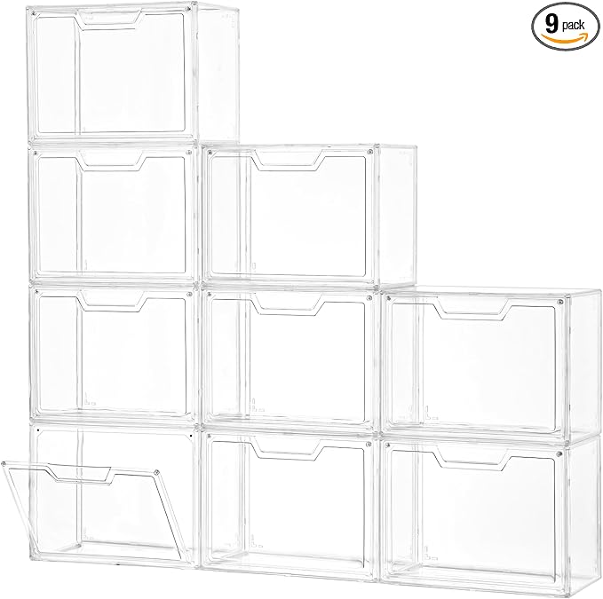 Freebat Stackable Storage Bins, Clear Acrylic Display Case, 9-Pack Acrylic Boxes with Lids, Clear Storage Containers Storage for Handbags, Collectibles & Figures