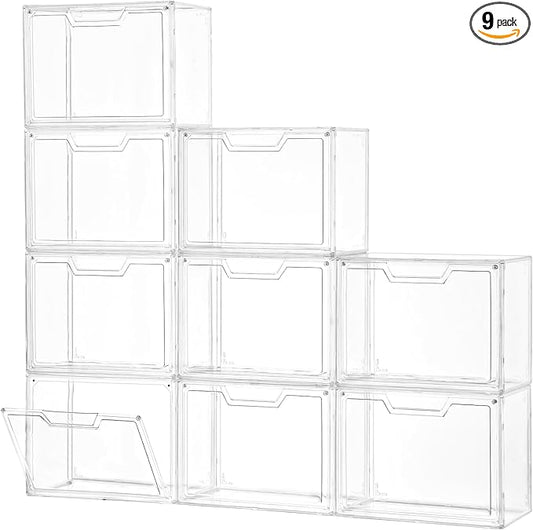 Freebat Stackable Storage Bins, Clear Acrylic Display Case, 9-Pack Acrylic Boxes with Lids, Clear Storage Containers Storage for Handbags, Collectibles & Figures