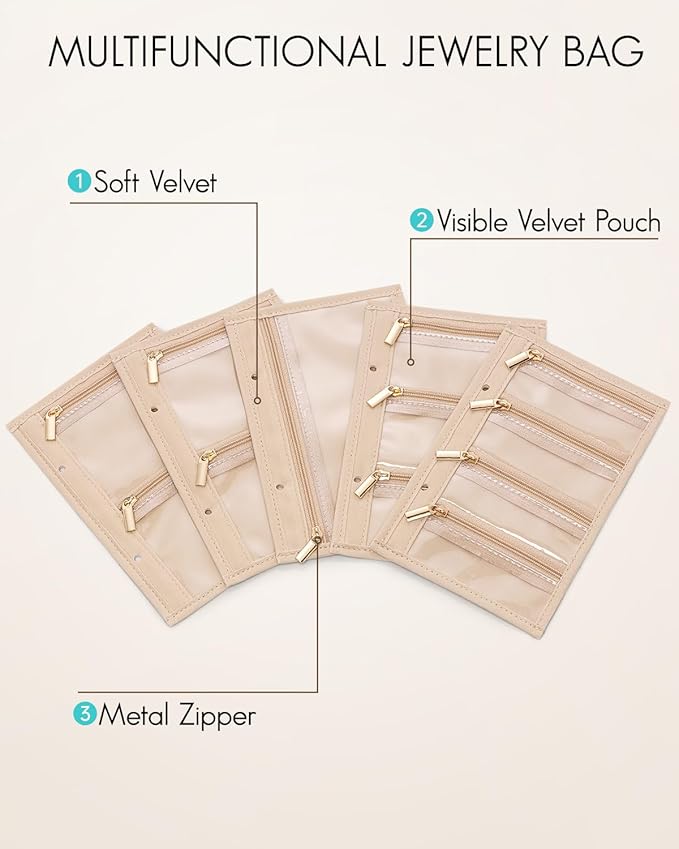 VLANDO Travel Jewelry Bags,Jewelry Storage Pouch,5 Pcs Clear Velvet Zipper Pockets Bag for Travel Business Trip Jewelry Organizer for Women Girls