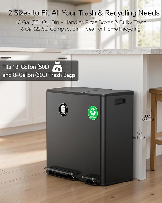 Lovewind Dual Trash and Recycling Bins for Kitchen, 13+6 Gallon Stainless Steel Garbage and Recycle Bin Combo for Large Families, Dual Trash Can with Soft Close Lid & Magnetic Stickers, Black