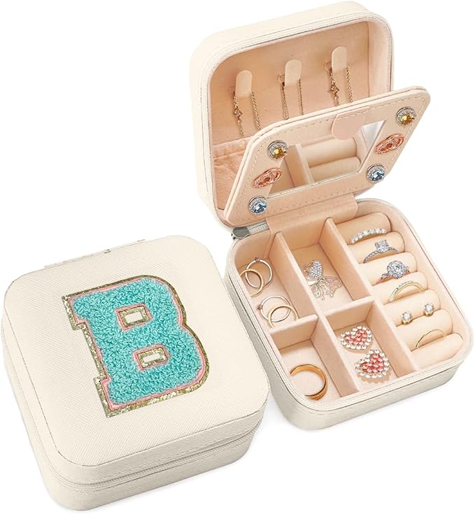 SANDJEST Personalized Jewelry Box, White Travel Jewelry Box with Initial B, Small Monogrammed Jewelry Case Organizer for Girls Women Teen Kids, Mini Travel Essentials Gifts for Birthday Christmas