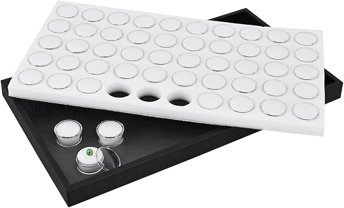 Ikee Design White Foam Gem Jars Showcase Stackable Display Tray for Collectibles, Home Organization Storage Box with 50 Gemstones and Bead Storage Jars, White Foam/Black Tray