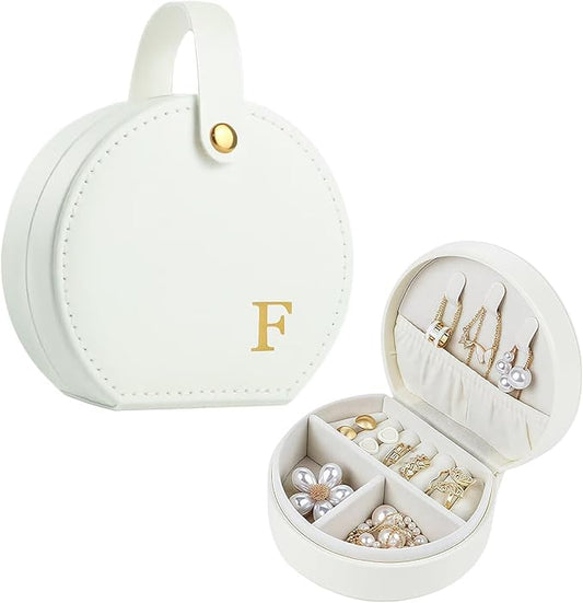 Travel Jewelry Case, Elegant Half-Moon Design with Golden Accents, Detachable Handle, White Personalized Accessory Organizer, Fashion-Forward Gift for Women and Teens(F)