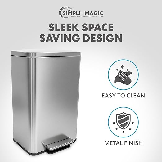 SIMPLI-MAGIC 50 Liter / 13.2 Gallon Soft-Close, Smudge Resistant Trash Can with Foot Pedal and Built in Filter- Stainless Steel, Sleek Finish