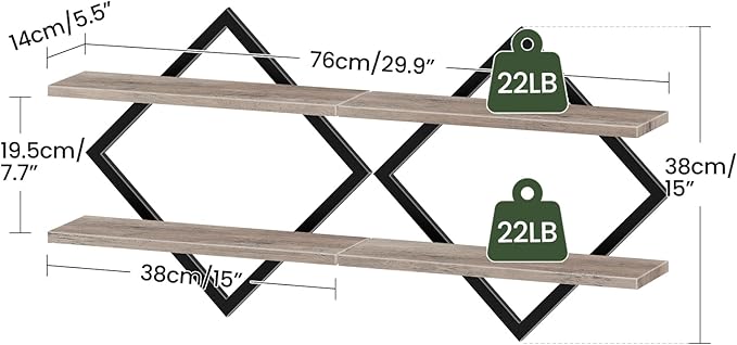 CHOEZON Floating Shelves for Wall, Set of 2 Wall Mounted Shelves, 2-Tier Hanging Shelves, for Living Room, Bedroom, Kitchen, Office, Study, Greige TBJ01P2BG