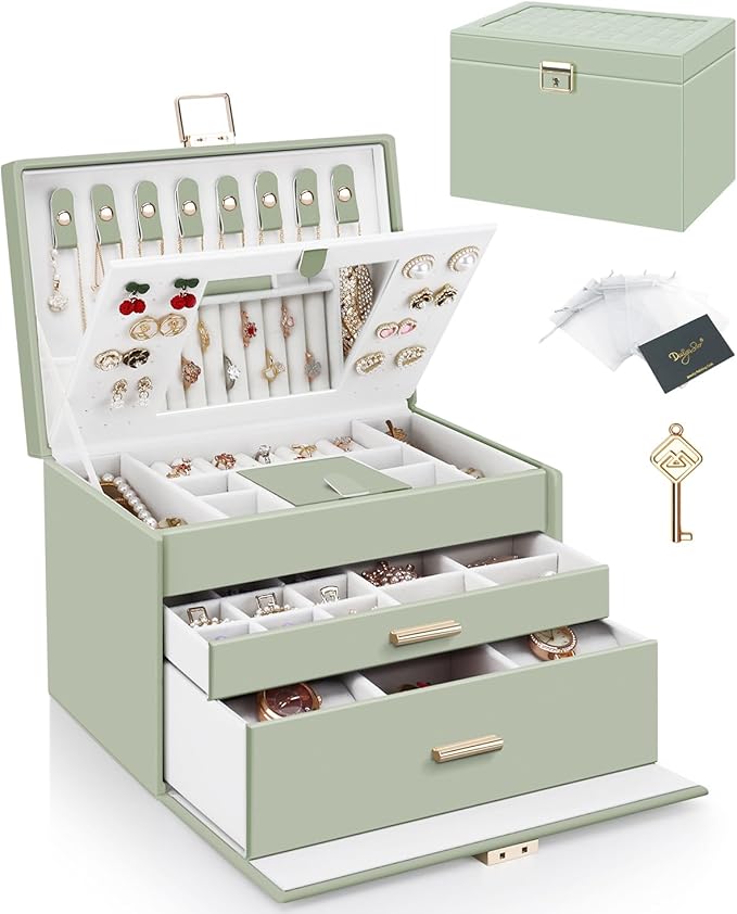 DesignSter Jewelry Box for Women Girl, 3-layer Lockable Jewelry Organizer with Mirror, Large Leather Jewelry Case for Earring Necklace Ring Bracelet Watch