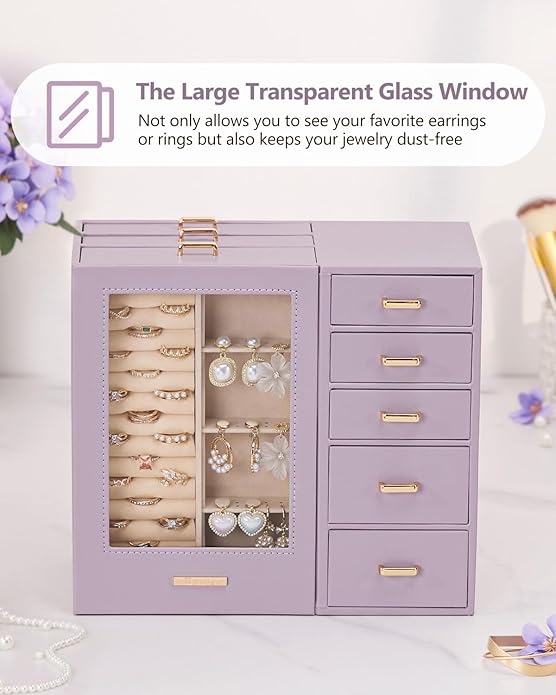Homde Large Jewelry Box/Organizer/Case with Glass Window, Drawers for Necklaces Earrings Rings Bracelets Watches Gift for Women Girls
