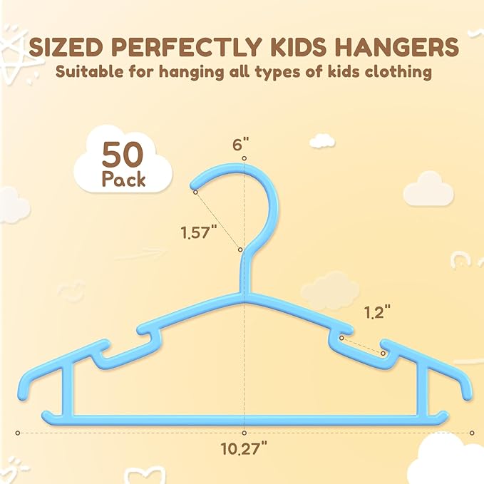 VILICK Kids Plastic Hangers, Baby Clothes Hangers for Closet 50 Packs Non-Slip Toddler Hanger for Infant Child Clothing, Small Children Hangers for Pants Coats Skirts (Blue)