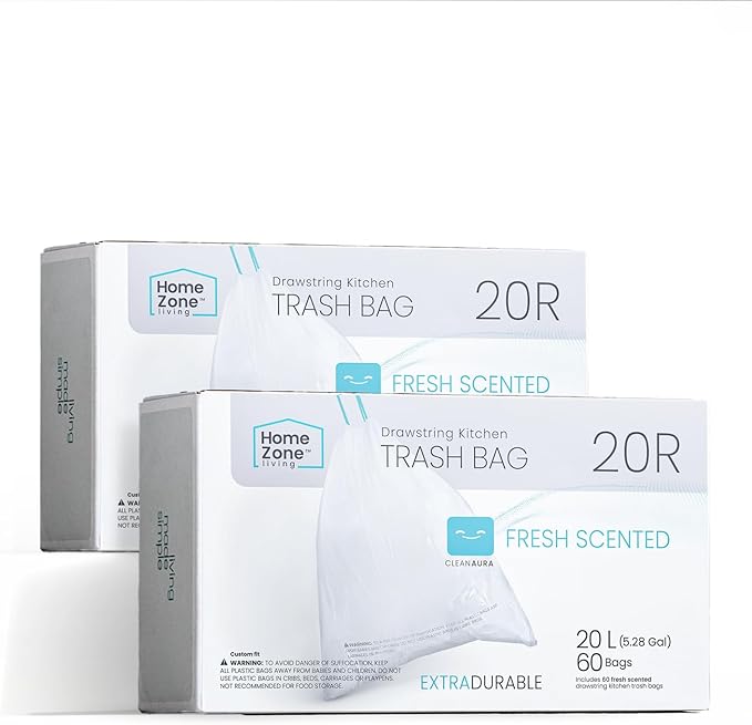 Home Zone Living 2-Pack 5 Gallon Kitchen Trash Bags with Drawstring Handles, Heavy Duty Custom Fit Design for 20 Liter Dual Recycling Liners, Code 20R, 60-Count