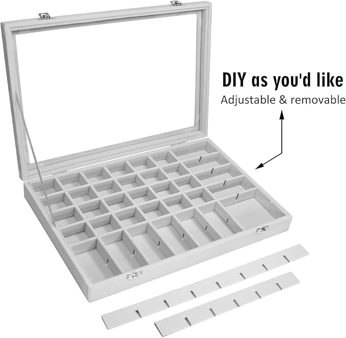 Siveit Velvet Jewelry Tray 48 Grid Jewelry Display Tray Organizer Box with Transparent Lid Rings Earrings Necklaces Pendants Display Box Suitable for Women and Girls (Grey)