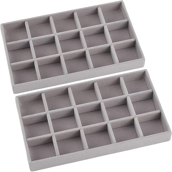 2Pcs 5 x 8.3 Inch Jewelry Drawer Inserts Velvet Jewelry Tray Gray 15 Grids Dresser Earring Drawer with Removable Divider Necklace Organizer Storage Container for Bracelet Ring Watch Display