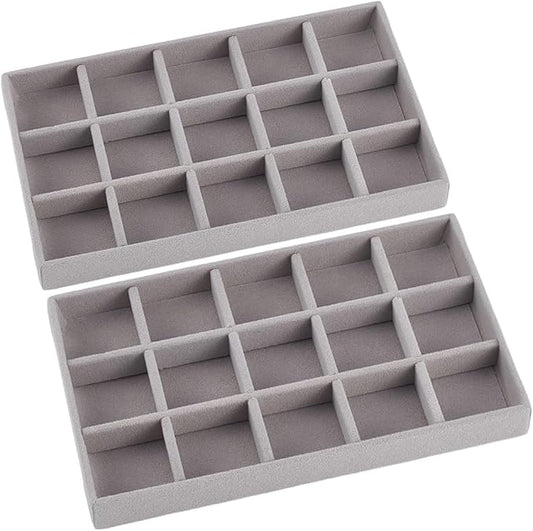 2Pcs 5 x 8.3 Inch Jewelry Drawer Inserts Velvet Jewelry Tray Gray 15 Grids Dresser Earring Drawer with Removable Divider Necklace Organizer Storage Container for Bracelet Ring Watch Display