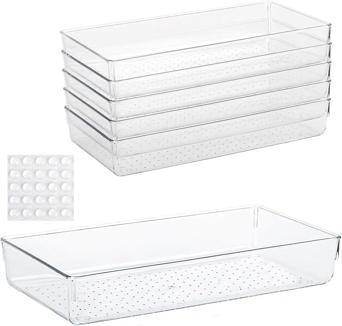Ohlove 6Pcs Clear Plastic Drawer Organizers Tray 12" x 6.2" Storage Bins with 25Pcs Non-Slip Pads for Makeup, Jewelries, Kitchen Utensils, Bathroom and Office
