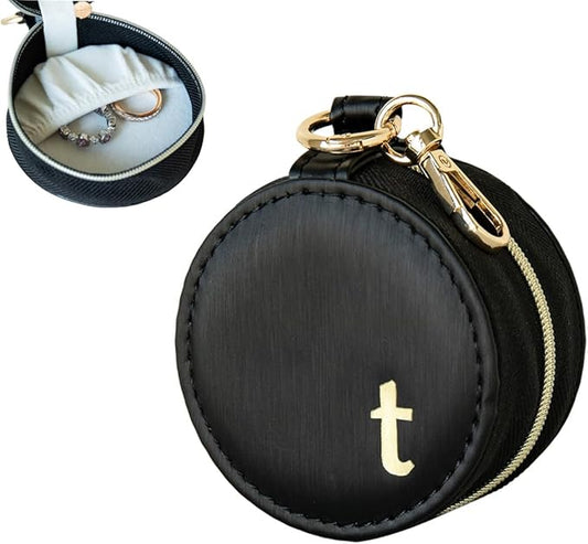COLLECTIVE HOME - Monogrammed Letter Jewelry Case, Portable Travel Ring Holder Box with Keychain, Personalized Initial Organizer for Earrings Necklaces, Gift for Her (Black-t)