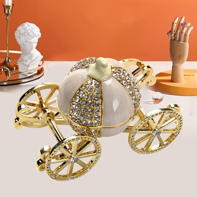 LASODY Hand Painted Enameled Cinderella Pumpkin Carriage Decorative Hinged Jewelry Trinket Box Unique Gift for Family,Jewelry Chests Wedding Valentine‘ Day, Mother’s Day Gifts (Gold, Jewelry box)
