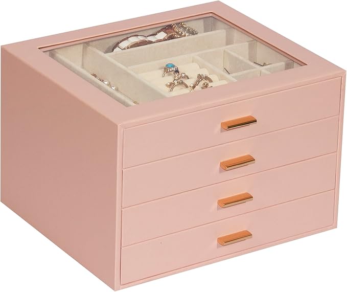 Jewelry Box with Glass Lid, 4-Layer Jewelry Organizer for Women Girls, PU Leather Display Case with 20-Grid Earring Tray & Movable Dividers for Necklaces Rings,Pink