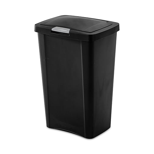 Sterilite 13 Gallon TouchTop Narrow Plastic Wastebasket with Secure Titanium Latch for Kitchen, Bathroom, and Office Use, Black (16 Pack)