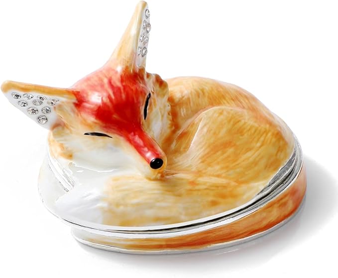 Hand Painted Trinket Box Enamel Vintage Jewelry Box Sleeping Fox Hinged Metal Jewelry Organizer Decorative Treasure Box Unique Gifts for Animal Lover