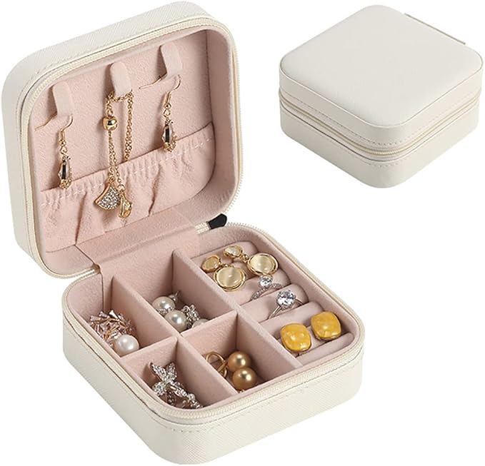Mini Jewelry Travel Case,Small Travel Jewelry Organizer,Travel Portable Jewelry Case for Ring, Pendant, Earring, Necklace, Bracelet Organizer Storage Holder Boxes (White)