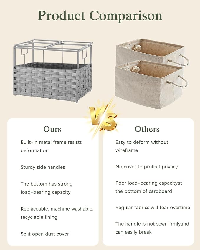 SETVSON Storage Basket with Lid Woven Wicker Baskets with 2 Separate Lid, 9.2 Gallon (35 L) Wicker Storage Bins with Handles, Foldable and 2 Removable Liner Bags for Bedroom, Laundry Room Gray