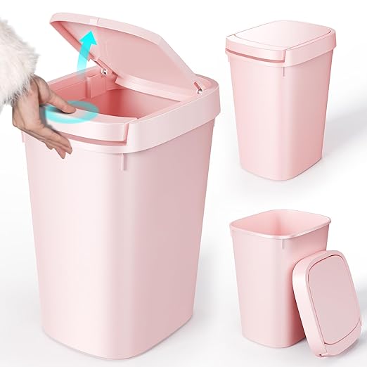 CEROELDA 3 Pack Bathroom Trash Can with Lid, 10L/2.6 Gal Small Garbage Can with Press Top Lid, Slim Plastic Waste Basket for Toilet, Office, Bedroom (Pink)