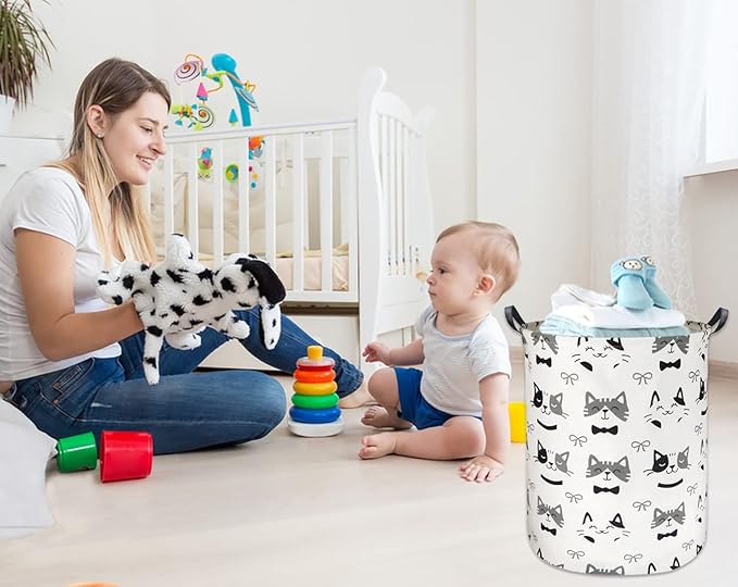 HIYAGON Large Storage Baskets,Waterproof Laundry Baskets,Collapsible Canvas Basket for Storage Bin for Kids Room,Toy Organizer,Home Decor,Baby Hamper(Bowknot Cat)