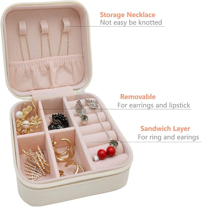 TRODANCE Mini Jewelry Case, Small Travel Jewelry Organizer, Portable Jewelry Box Mini Storage Organizer Display Box For Rings Earrings Necklaces (White)