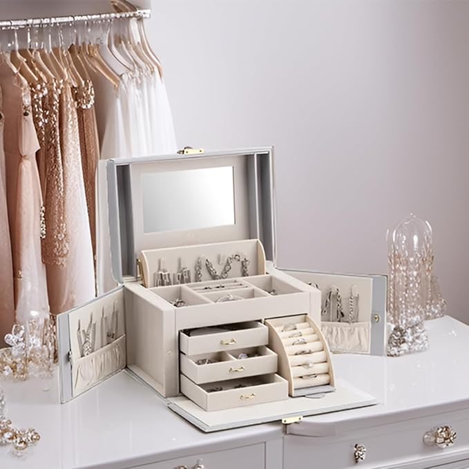 Vlando Mirrored Jewelry Box Organizer, Leather Jewelry Storage Case, Necklaces Earrings Rings Brackets Box Holder, Light Gray