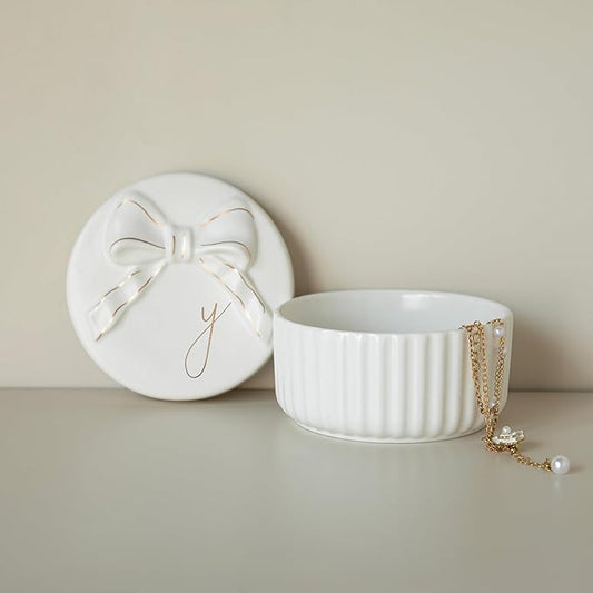 COLLECTIVE HOME - Monogram Jewelry Box with Bow, Christmas Gift Ideas for Women, Small Gift for Girlfriend Wife, Ring Holder, Earrings Dish, Birthday Gift for Her (Y)