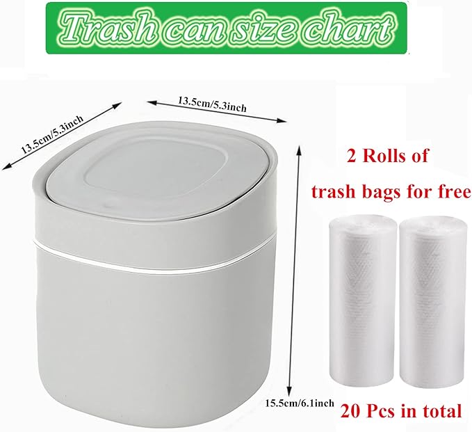 LTWQLing Plastic Mini Trash Can with Lid - 2 L Pop Up Wastebasket for Bathroom Vanity, Desktop, Tabletop or Coffee Table - Dispose of Cotton Rounds, Makeup Sponges, Tissues (Grey)