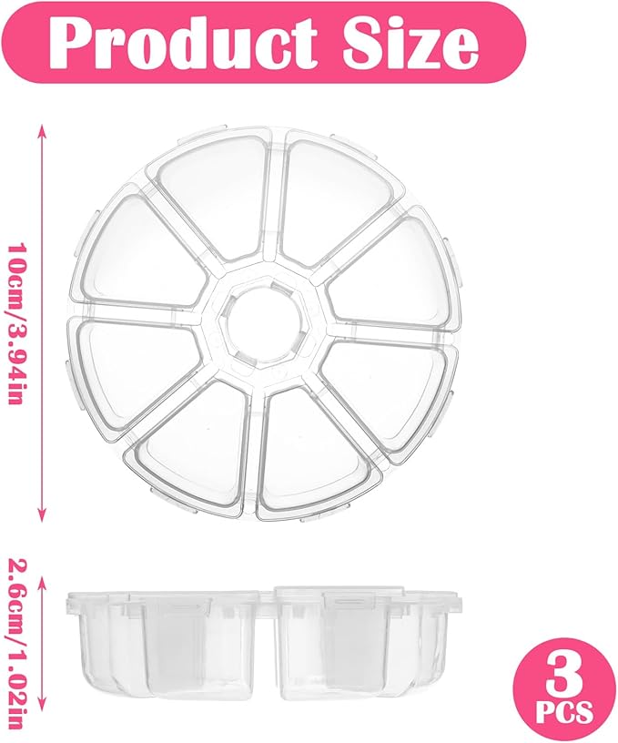 3 PCS 8 Grids Clear Round Bead Organizer Box, Plastic Compartment Organizer Box Jewelry Bead Display Organizers Container for Jewelry Beads Rings Earrings