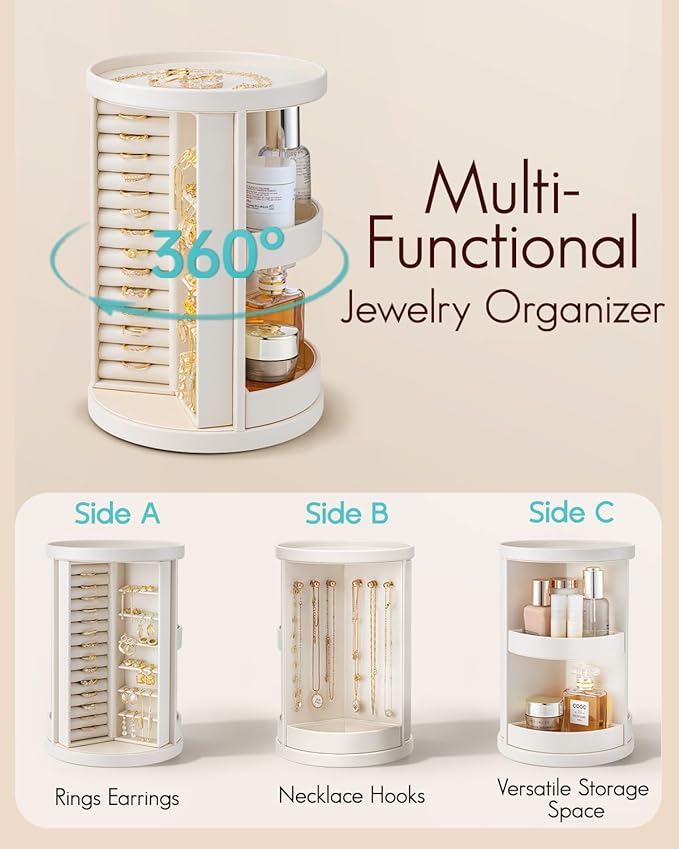 VLANDO 360°Rotating Jewelry Box,Earring Organizer Large Vertical Jewelry Organizer with 6 Necklace Hooks, Open Ring Display Storage for Women - Cream White