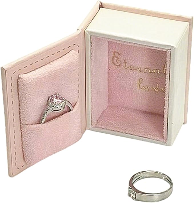 Book Shaped Ring Box - Vintage Engagement Ring Box with Hinged Lid for Proposal Engagement Wedding, Proposal Ring Case -PRB016-Pink