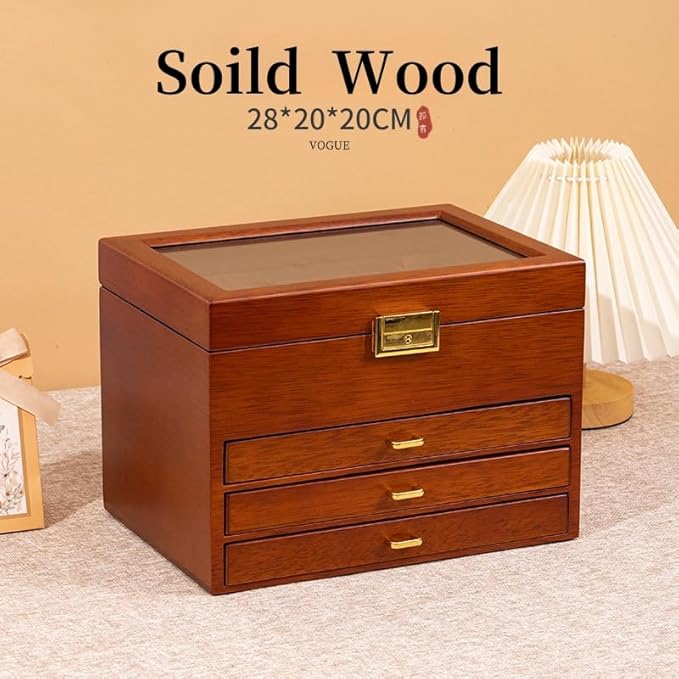 Walnut Wood Jewelry Box, 4-Tier Soild Wood Jewelry Box with 3 Drawers Large Storage Lockable Jewelry Organizer with Glass Lid Christmas Gifts for Necklaces Rings Earring Watches Bracelets