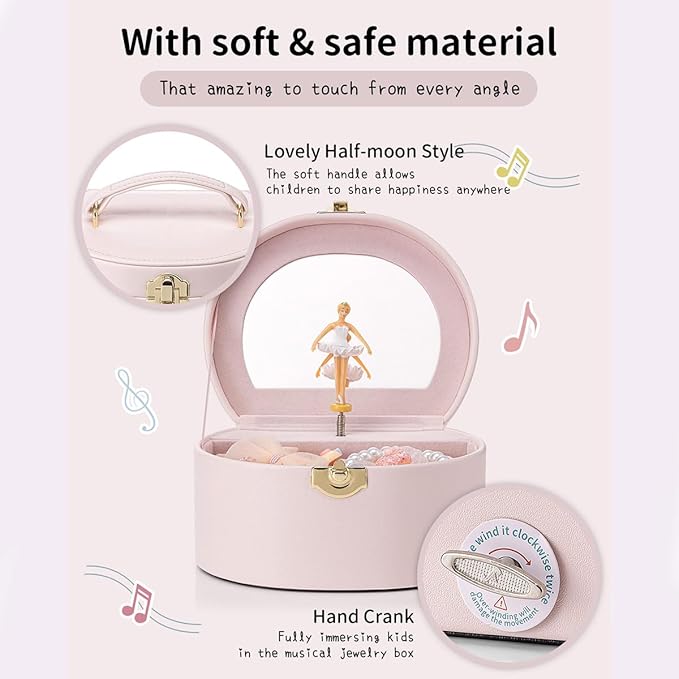 VLANDO Musical Jewelry Box for Girls, Small Kid Music Box with Ballerina for Party Bedroom Decor, Bithday Gift for Girl - Light Pink
